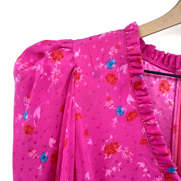 MAGDA BUTRYM Carlton Dress Ruched Mini Dress Hot Pink Silk Ruffles Floral Print - Picture 12 of 16